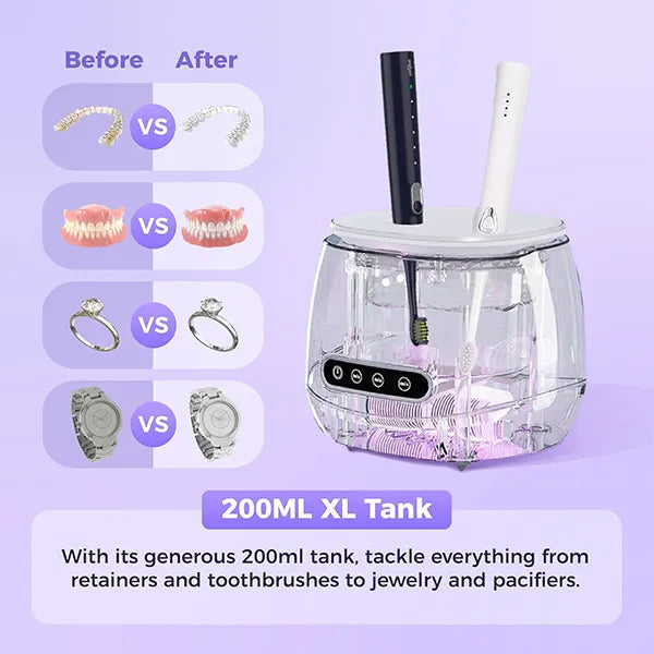 N3DomiX Ultrasonic Denture Cleaner with UV Sterilizer – 52kHz Cleaning Pod, 200ML Wireless, for Dentures, Aligners, Retainers & Jewelry
