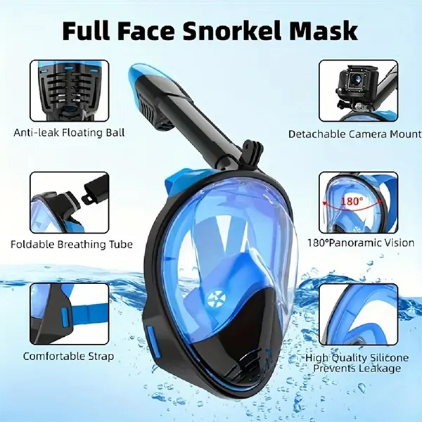 SnorkMask Full Face Snorkel Mask – 180° Panoramic View, Anti-Fog & Anti-Leak, Camera Mount, Foldable Snorkeling Set for Adults