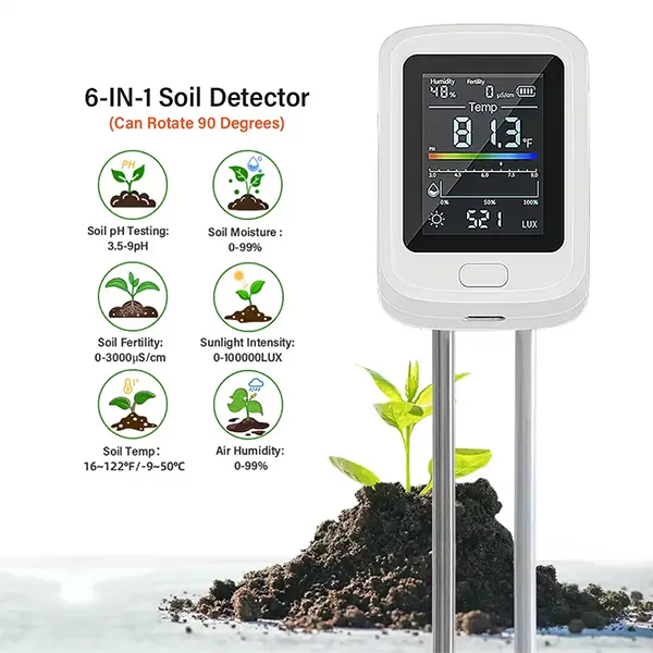 AmiSol3 6-in-1 Soil pH Tester – Rechargeable Digital Meter with LCD Display for pH, Moisture, Temperature, Sunlight & Fertility