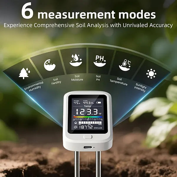Famipheer 6-in-1 Soil pH Tester – Rechargeable Digital Meter with LCD Display for pH, Moisture, Temperature, Sunlight & Fertility