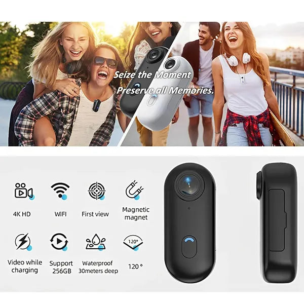 GoJo4K Body Cam – 4K Ultra HD WiFi Action Camera, Thumb-Size 1.25oz, IPX7 Waterproof, 120-Min Battery, 360° Magnetic Clip