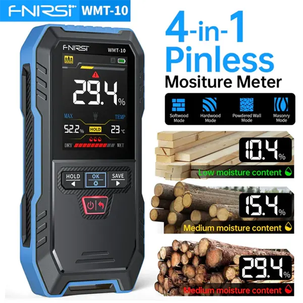 DrikCoter Pinless Moisture Meter – Rechargeable Humidity Detector for Wood, Wall, Concrete & Lumber with Data Hold, Record & Flashlight