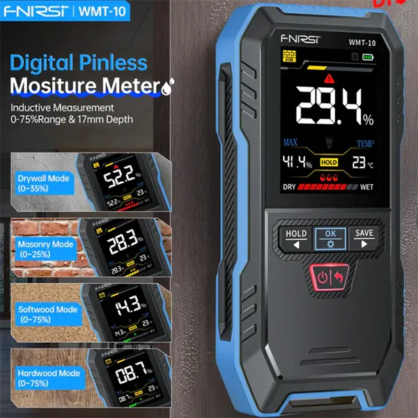 DrikCoter Pinless Moisture Meter – Rechargeable Humidity Detector for Wood, Wall, Concrete & Lumber with Data Hold, Record & Flashlight