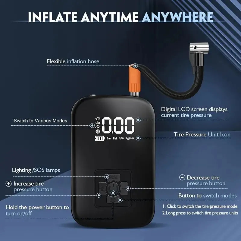 Voltire Portable Tire Inflator – 100W Wireless Air Pump, 3–150 PSI, Digital Display & 3600mAh Battery