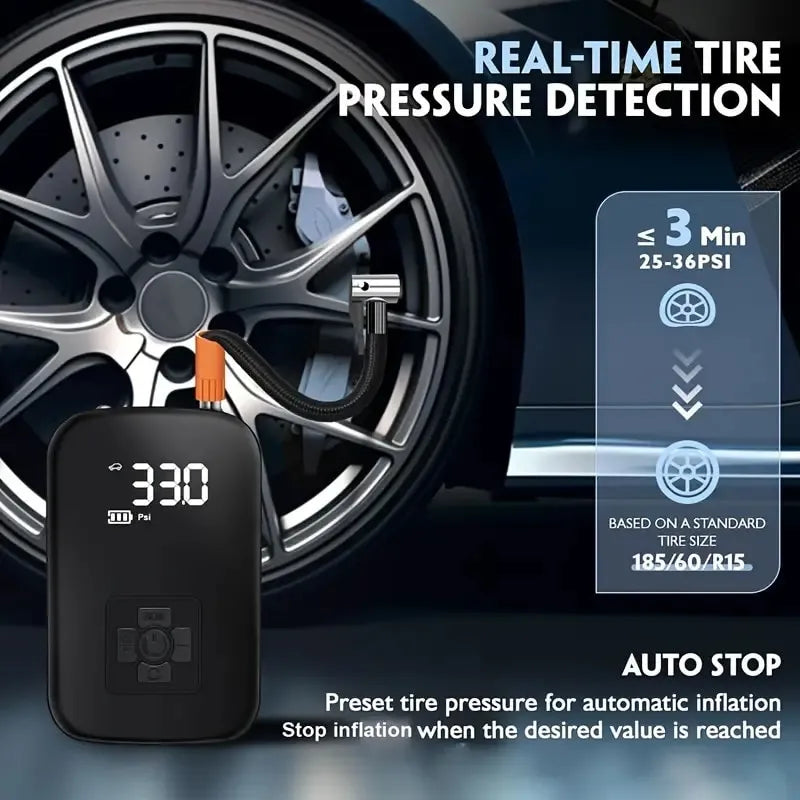 Voltire Portable Tire Inflator – 100W Wireless Air Pump, 3–150 PSI, Digital Display & 3600mAh Battery