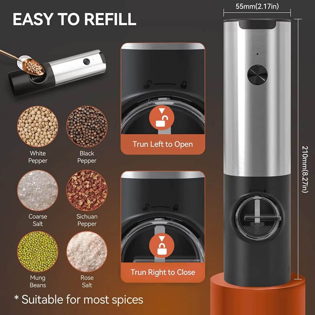 Kivoroa Electric Salt & Pepper Grinder Set – One-Touch, USB Rechargeable with LED Light & Adjustable Coarseness