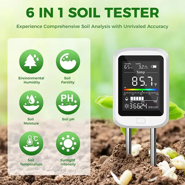 Famipheer X2 6-in-1 Soil pH Tester – Rechargeable Digital Meter with LCD Display for pH, Moisture, Temperature, Sunlight & Fertility