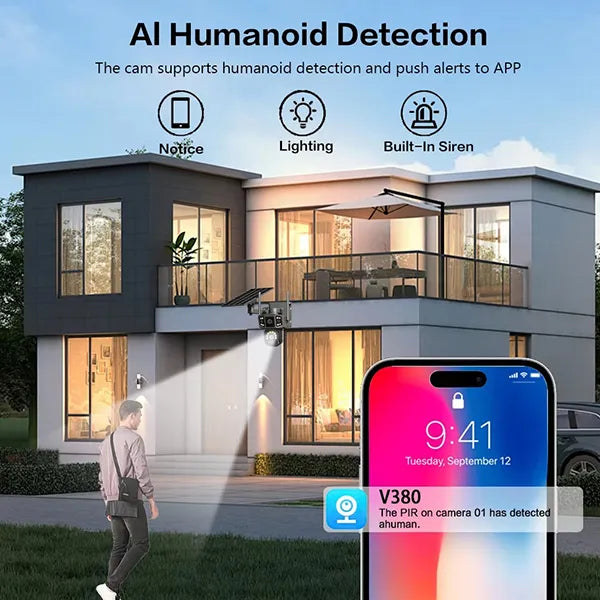 HomiSol 4K Solar Security Camera – PTZ WiFi & 4G, 360° View, Dual Lens, PIR Motion Detection & Built-in Battery