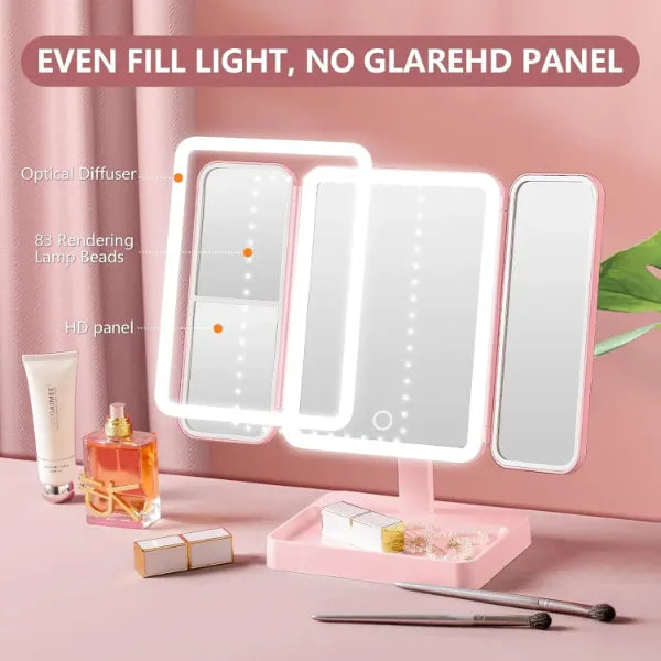 VanityGlow Lighted Makeup Mirror – 83 LEDs, 360° Fill Light, 3-Color Lighting, Trifold Portable Travel Mirror