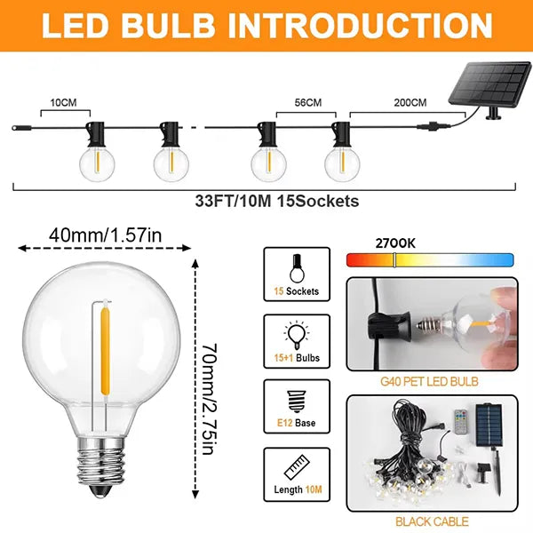 TiLights Outdoor Solar String Lights – Waterproof Connectable Edison Bulb Hanging Lights for Backyard, Porch & Party Decor
