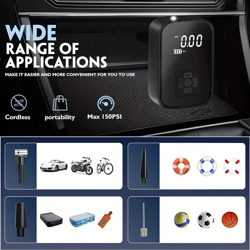 Voltire Portable Tire Inflator – 100W Wireless Air Pump, 3–150 PSI, Digital Display & 3600mAh Battery